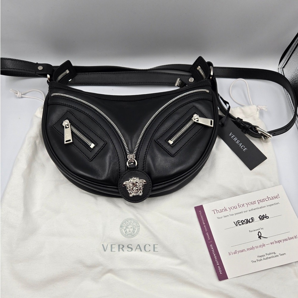 NWT Versace Repeat Small Hobo Bag Black Leather Medusa Biker Zipper - Picture 2 of 10